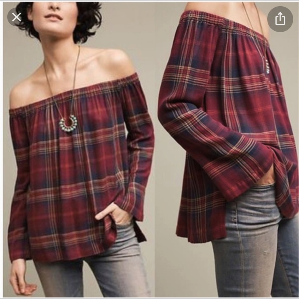 Cloth & Stone Anthropologie Plaid Off-Shoulder Top